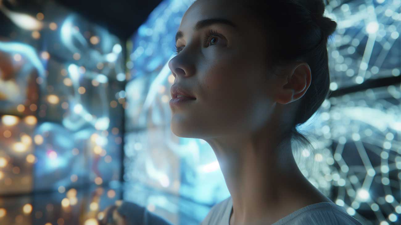 Nachdenkliche Frau in futuristischer Umgebung