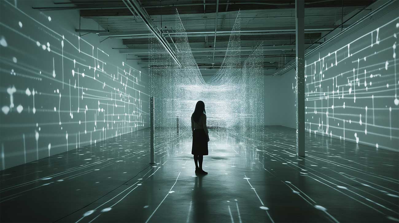 Frau in digitaler Projektionskunstinstallation