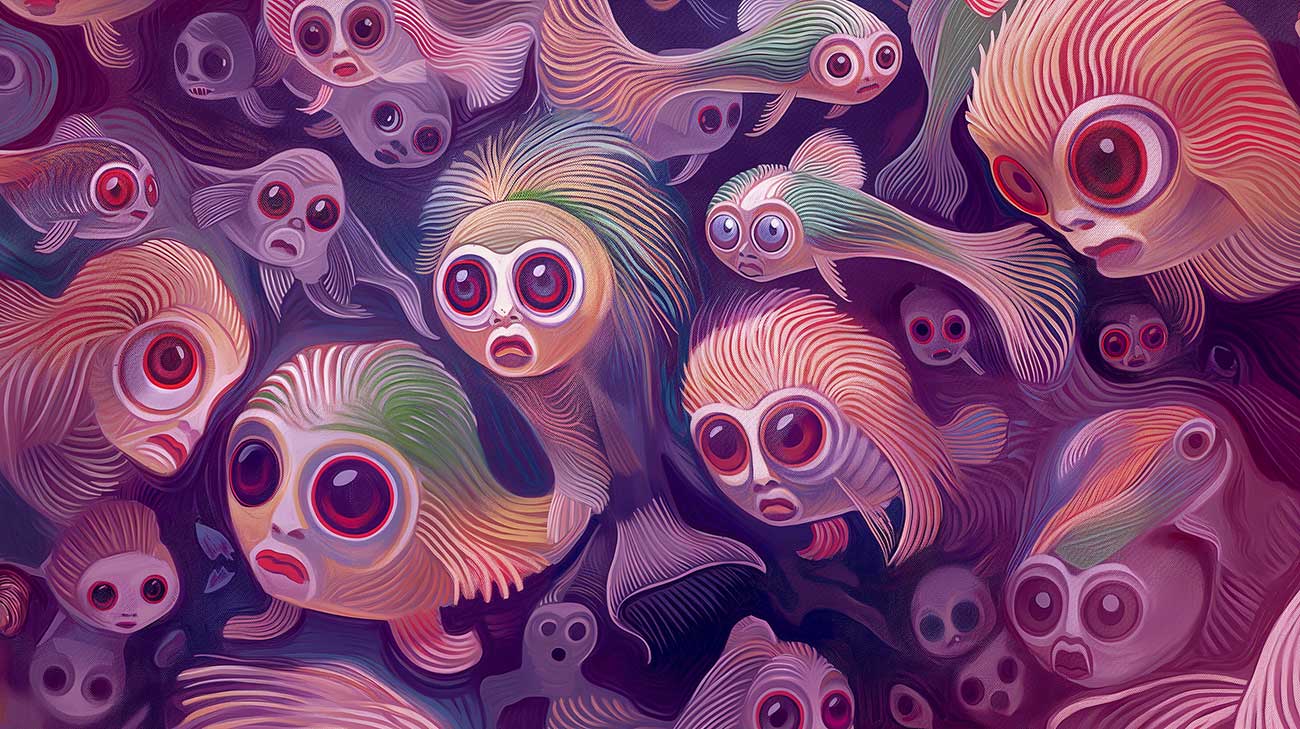 05---grapphic_house_10836_Kenny_Scharf_illustration_of_many_predator_93f355f1-123f-46d8-bb6f-51aef5ec000c_web Abstrakte bunte Fische mit großen Augen, digital Kunst.