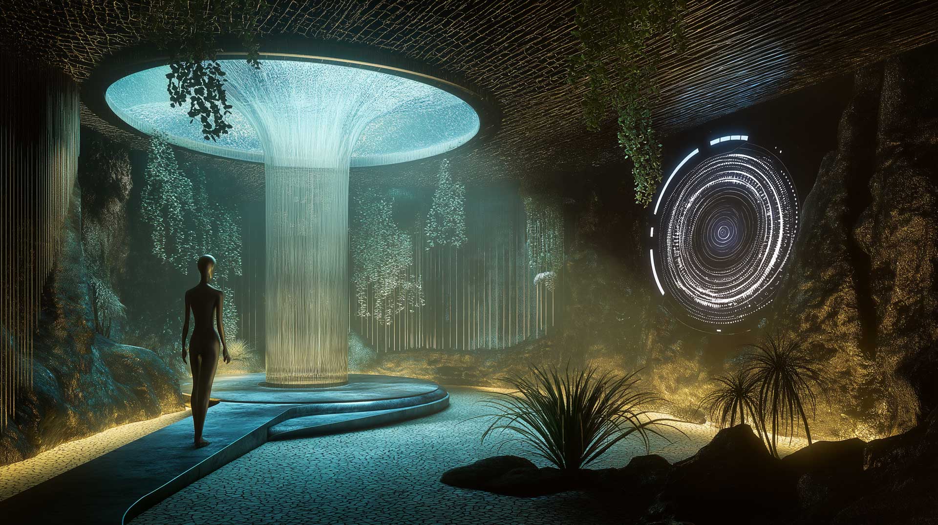 Futuristische Höhle mit Figur und digitalem Kreis