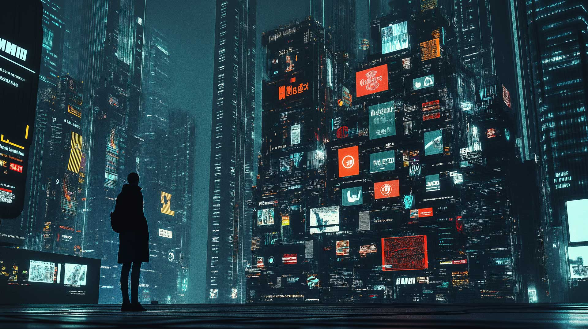 Silhouette vor futuristischen leuchtenden Werbetafeln in Stadt.