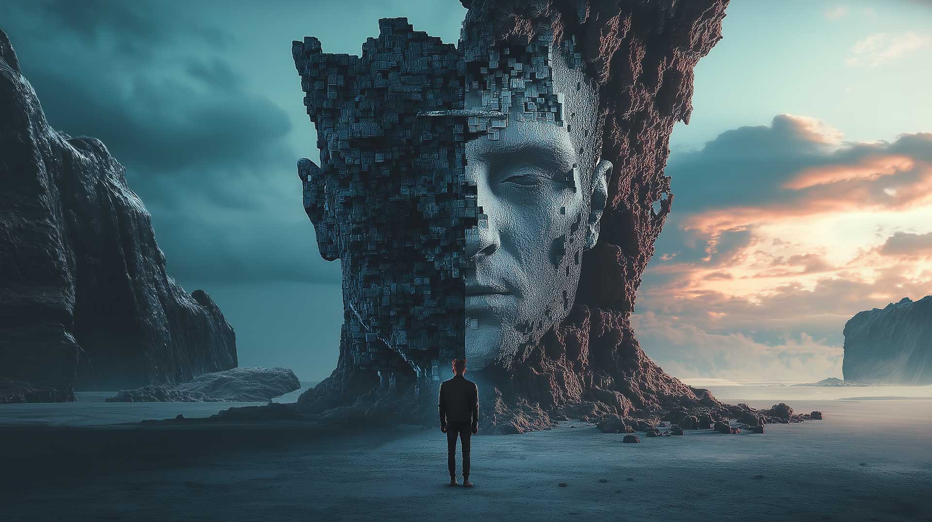 Surrealistische Skulptur in wilder Landschaft