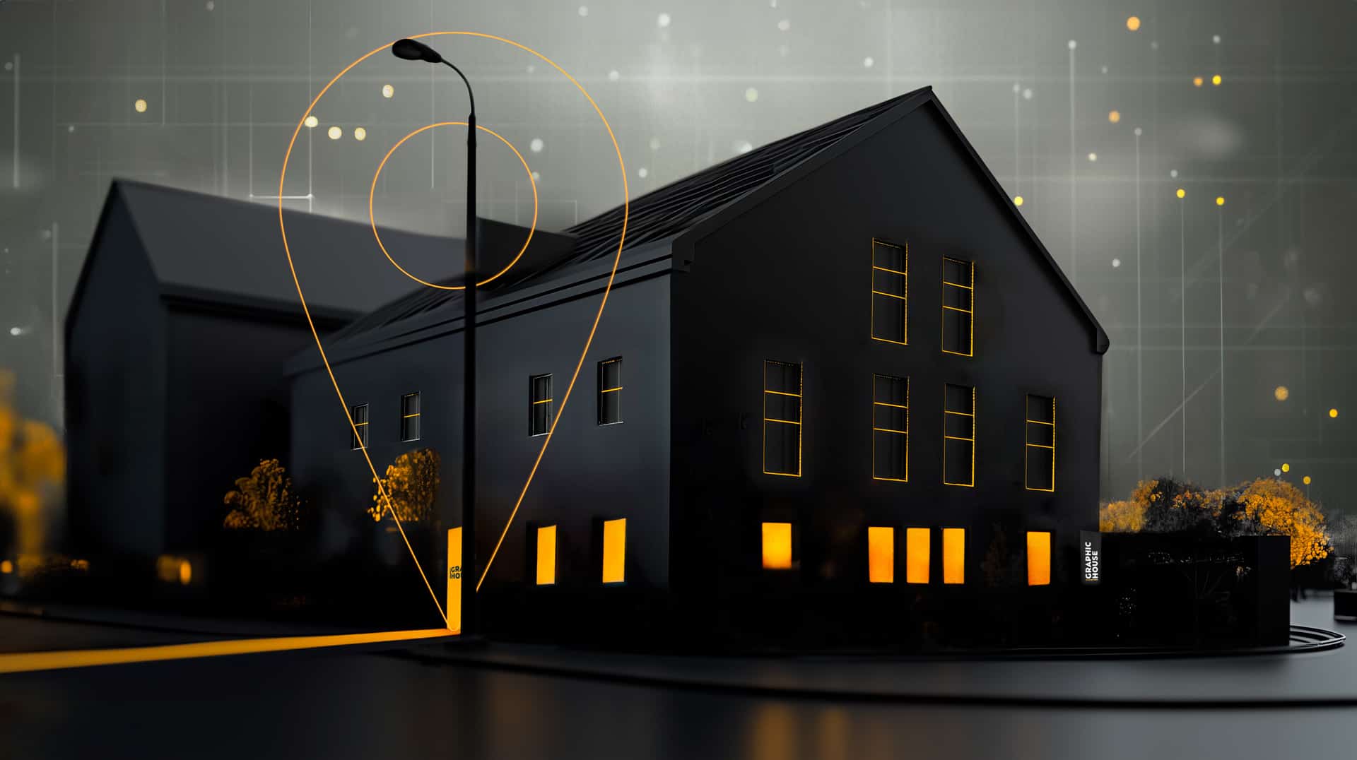 Beleuchtetes Gebäude mit digitalem Standortpin.